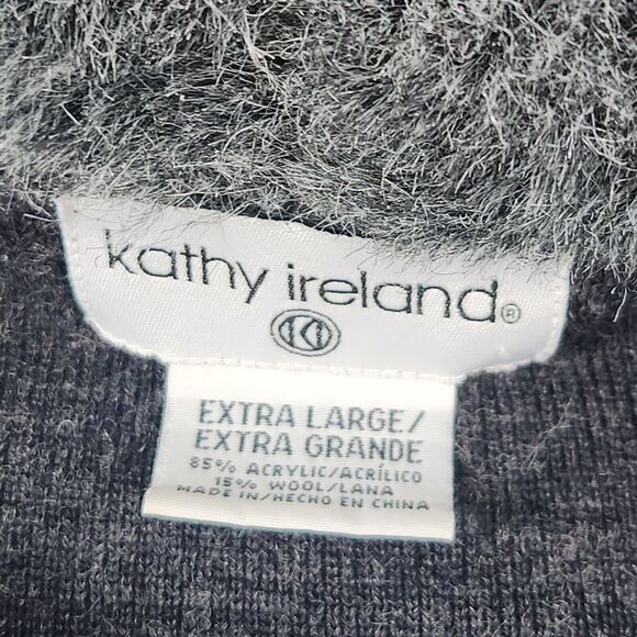 Kathy Ireland Sweater Womens XL Black Faux Fur Collar Knit Wool Blend Mob‎ Wife - Picture 2 of 8
